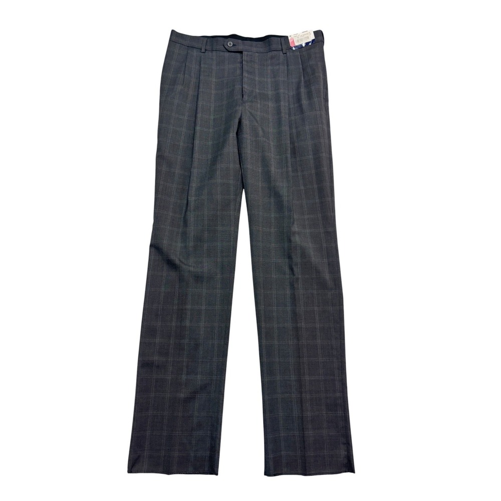 NEW Hart Schaffner Marx 38 Unhemmed Gray Windowpane Pants Trousers Pleated Wool